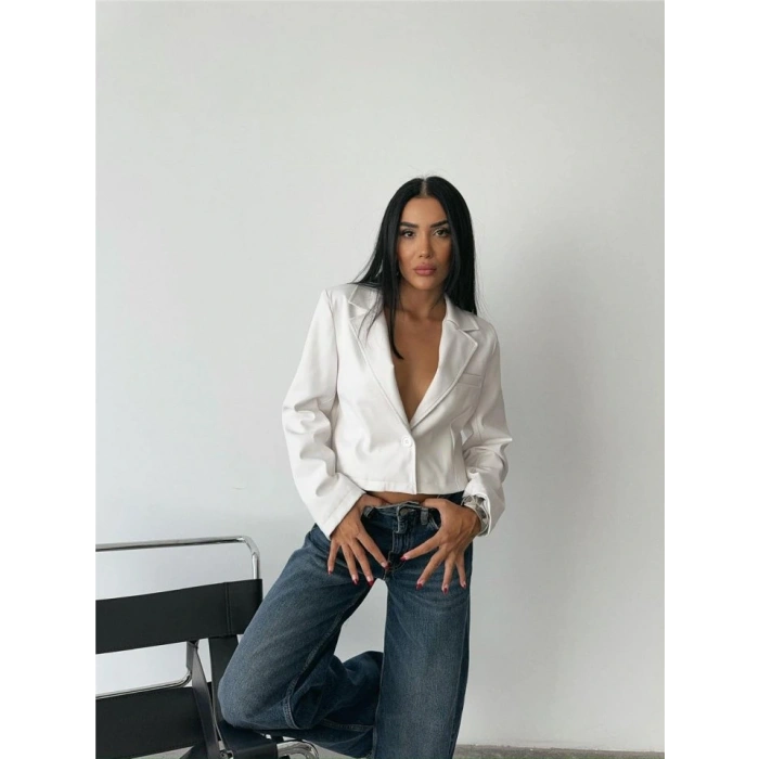 DERİ CROP CEKET TEK DÜĞME  Beyaz