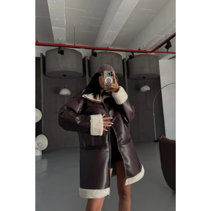 DERİ MONT KOL VE YAKA PELUŞ KAPAKIZ CEP DETAYLI  Kahverengi