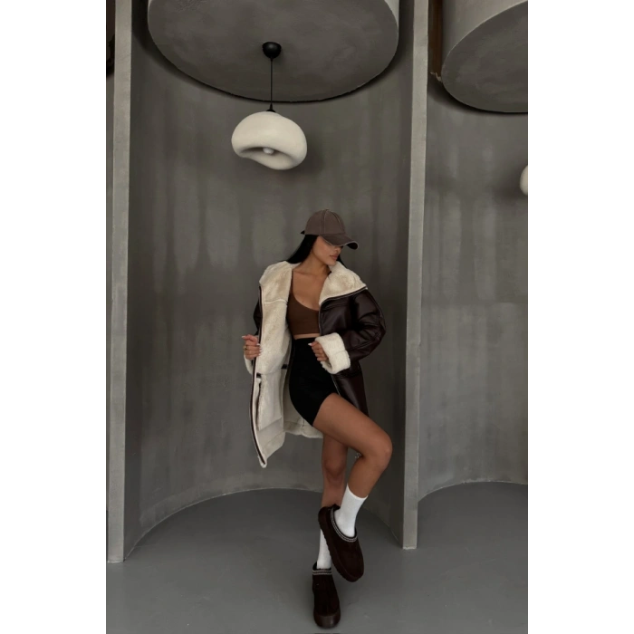 DERİ MONT KOL VE YAKA PELUŞ KAPAKIZ CEP DETAYLI  Kahverengi