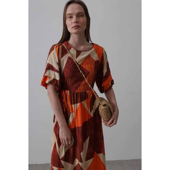 Desenli Balon Kol Kloş Elbise  Kahve