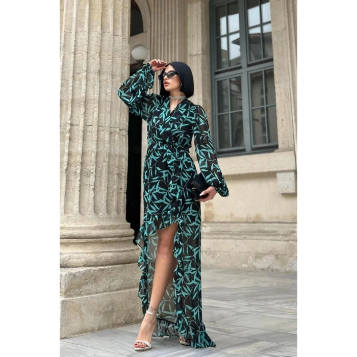 Desenli Desenli Fırfırlı Elbise