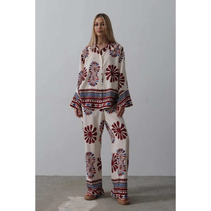 Desenli Kolları Volanlı Pantolon Takım  Kırmızı