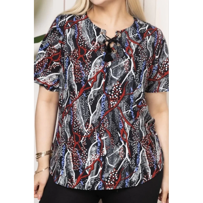 Desenli Püsküllü Viskon Bluz Bebe Yaka Kısa Kollu Big Size Rahat Kesim  Desenli