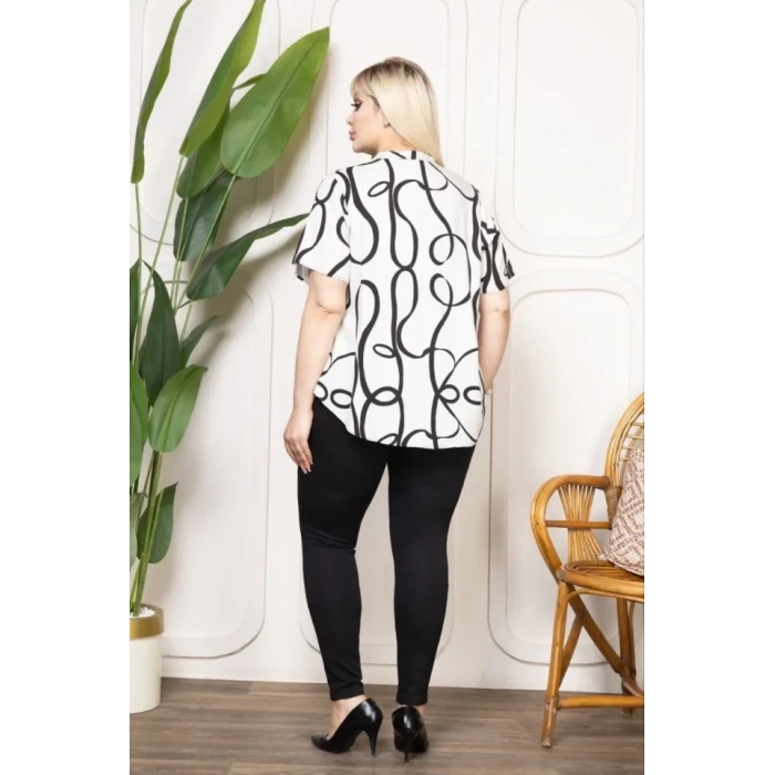 Desenli Püsküllü Viskon Bluz Bebe Yaka Kısa Kollu Big Size Rahat Kesim  Desenli