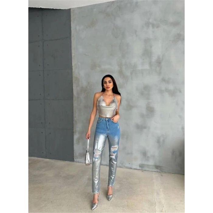 DİZ YIRTIK VARAKLI MOM KOT PANTOLON  Gümüş