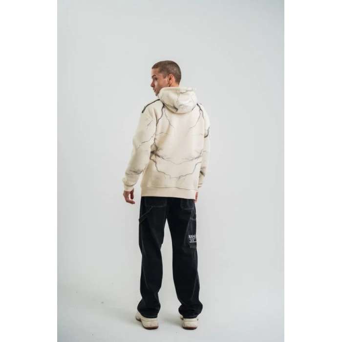 Double Oversize Kapşonlu Şimşek Pano Baskılı weathirt  Krem