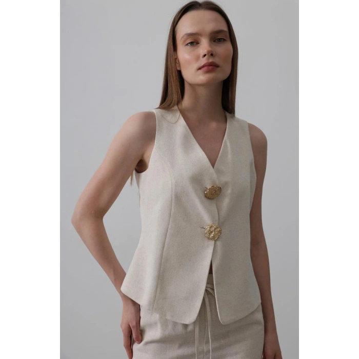Düğme Detaylı Yelek  Krem