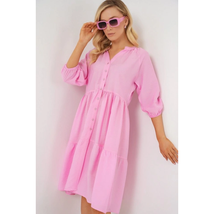 Düğmeli Kısa Kol Elbise 2559  Pembe
