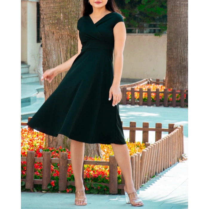 Düşük Omuz Eteği Pileli Krep Kumaş Midi Boy Elbise