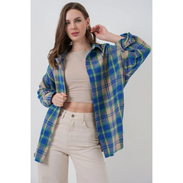 Ekose Desen Oversize Oduncu Gömlek 54 Mavi Gri