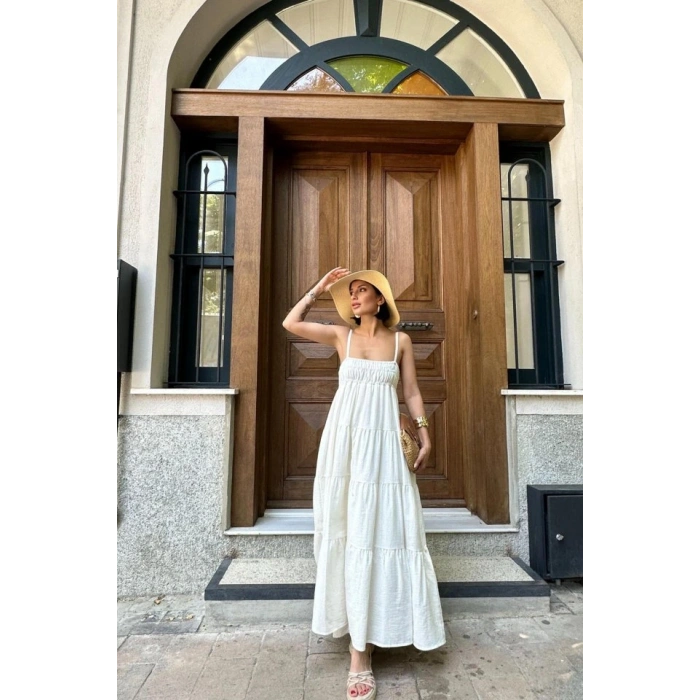 Ekru Askılı Parçalı Müslin Elbise