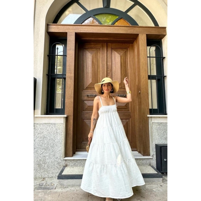 Ekru Askılı Parçalı Müslin Elbise