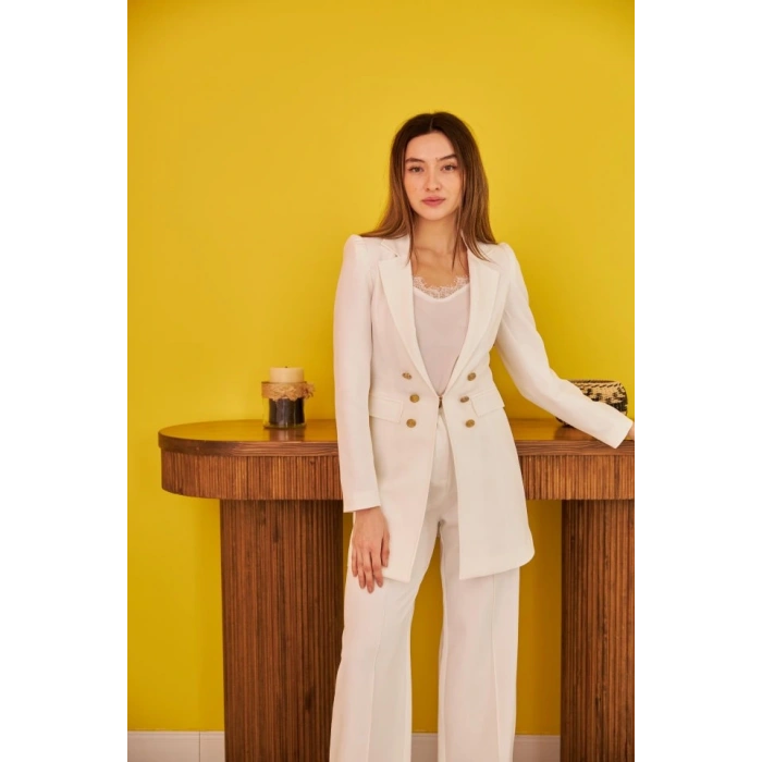 Ekru Blazer Düğmeli Ceket