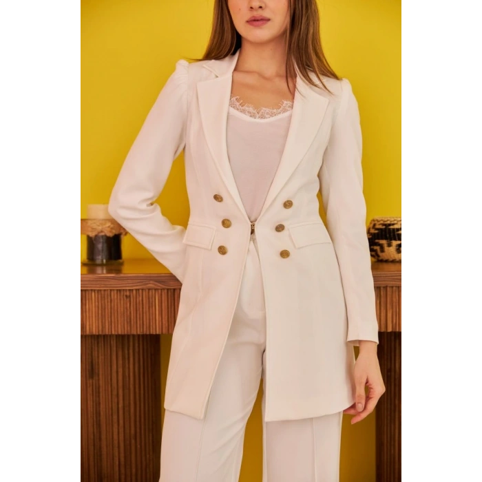 Ekru Blazer Düğmeli Ceket