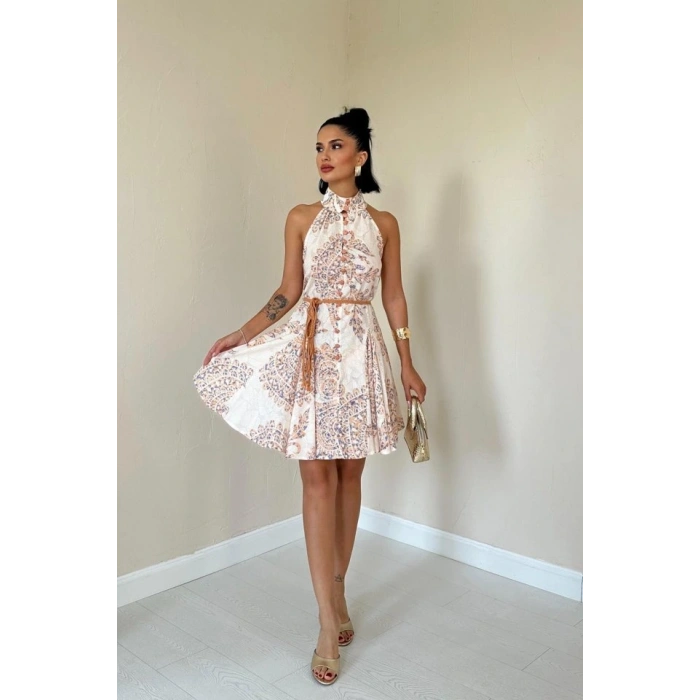 Ekru Halter Yaka Elbise