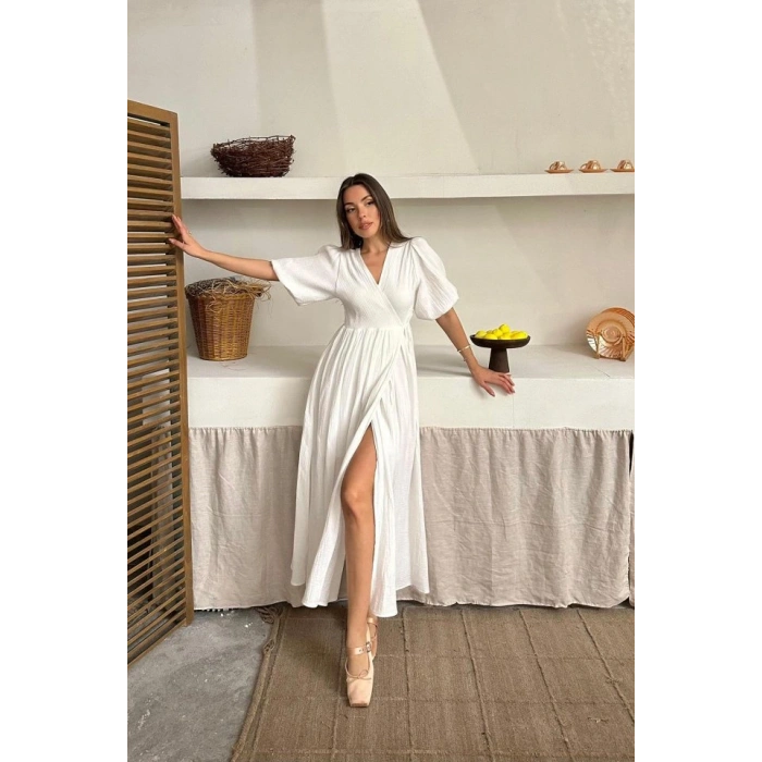 Ekru Müslin Uzun Elbise