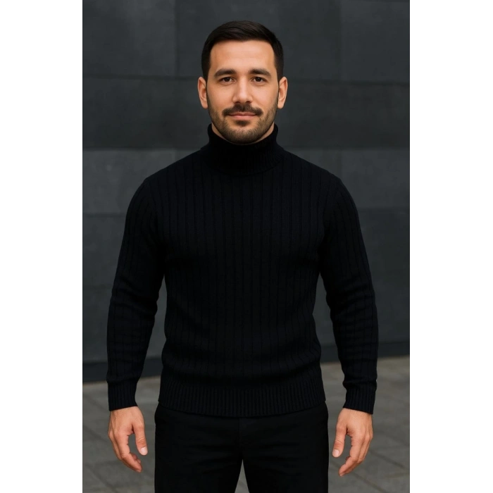 Erkek Balıkcı Yaka Bağazlı Triko Kazak Pamuklu Kalın Fitilli Dokuma, Regular Fit Uzun Kollu Kışlık odel  iyah