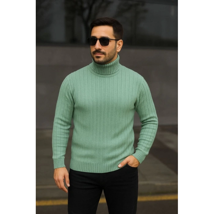 Erkek Balıkcı Yaka Bağazlı Triko Kazak Pamuklu Kalın Fitilli Dokuma, Regular Fit Uzun Kollu Kışlık odel  int Yeşili