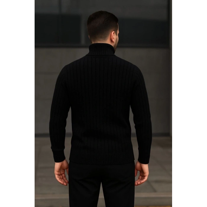 Erkek Balıkcı Yaka Bağazlı Triko Kazak Pamuklu Kalın Fitilli Dokuma, Regular Fit Uzun Kollu Kışlık odel  iyah