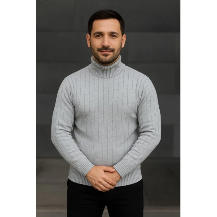 Erkek Balıkcı Yaka Bağazlı Triko Kazak Pamuklu Kalın Fitilli Dokuma, Regular Fit Uzun Kollu Kışlık odel  Gri