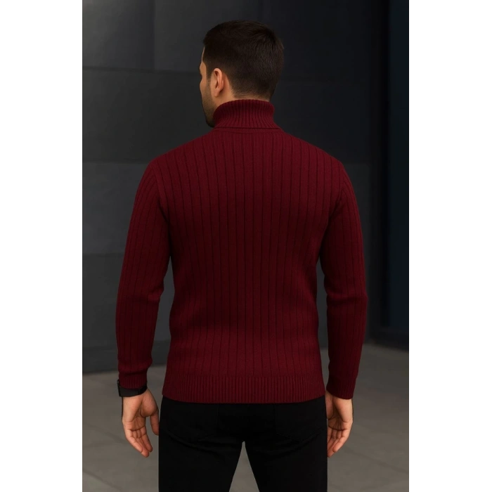 Erkek Balıkcı Yaka Bağazlı Triko Kazak Pamuklu Kalın Fitilli Dokuma, Regular Fit Uzun Kollu Kışlık odel  Bordo