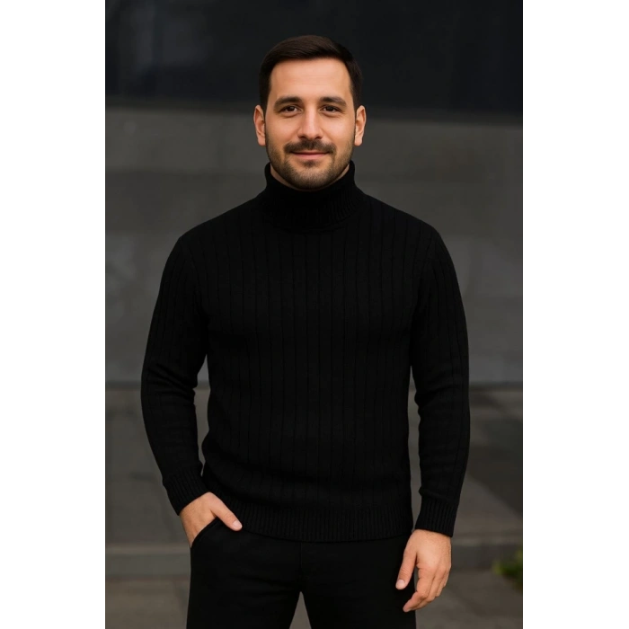 Erkek Balıkcı Yaka Bağazlı Triko Kazak Pamuklu Kalın Fitilli Dokuma, Regular Fit Uzun Kollu Kışlık odel  iyah