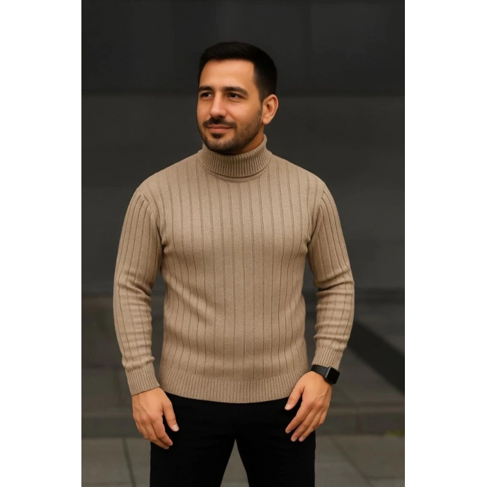 Erkek Balıkcı Yaka Bağazlı Triko Kazak Pamuklu Kalın Fitilli Dokuma, Regular Fit Uzun Kollu Kışlık odel  Bej