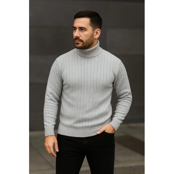 Erkek Balıkcı Yaka Bağazlı Triko Kazak Pamuklu Kalın Fitilli Dokuma, Regular Fit Uzun Kollu Kışlık odel  Gri