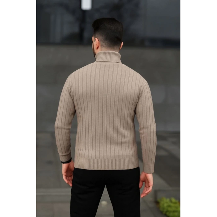 Erkek Balıkcı Yaka Bağazlı Triko Kazak Pamuklu Kalın Fitilli Dokuma, Regular Fit Uzun Kollu Kışlık odel  Bej