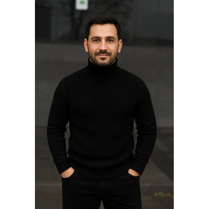 Erkek Balıkcı Yaka Bağazlı Triko Kazak Pamuklu Kalın Fitilli Dokuma, Regular Fit Uzun Kollu Kışlık odel  iyah