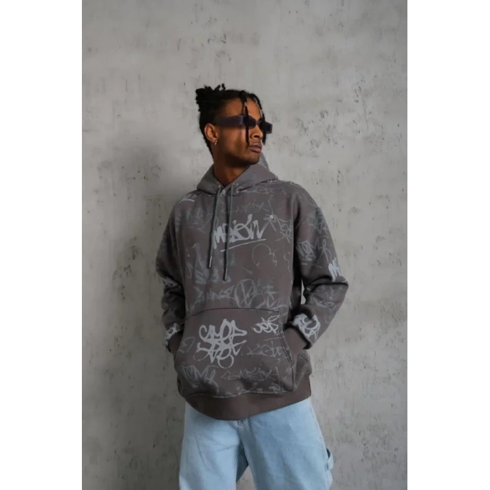 Erkek Baskılı Kapüşonlu Ribanalı weat  Gri