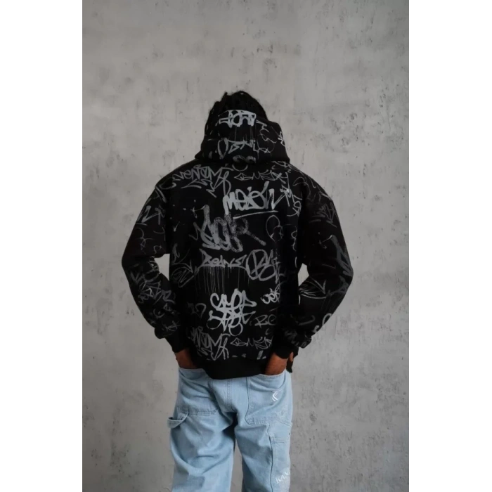 Erkek Baskılı Kapüşonlu Ribanalı weat  iyah