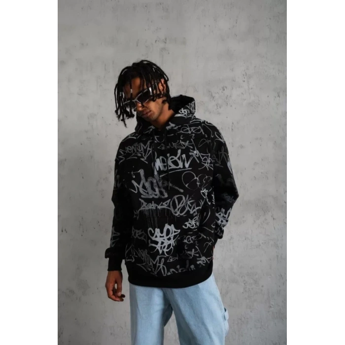 Erkek Baskılı Kapüşonlu Ribanalı weat  iyah