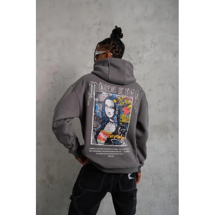 Erkek Baskılı Kapüşonlu Ve Kanguru Cepli weat Gri