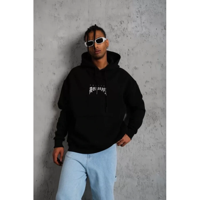 Erkek Baskılı Kapüşonlu Ve Kanguru Cepli weat  iyah