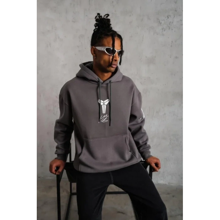 Erkek Baskılı Kapüşonlu weat  Gri