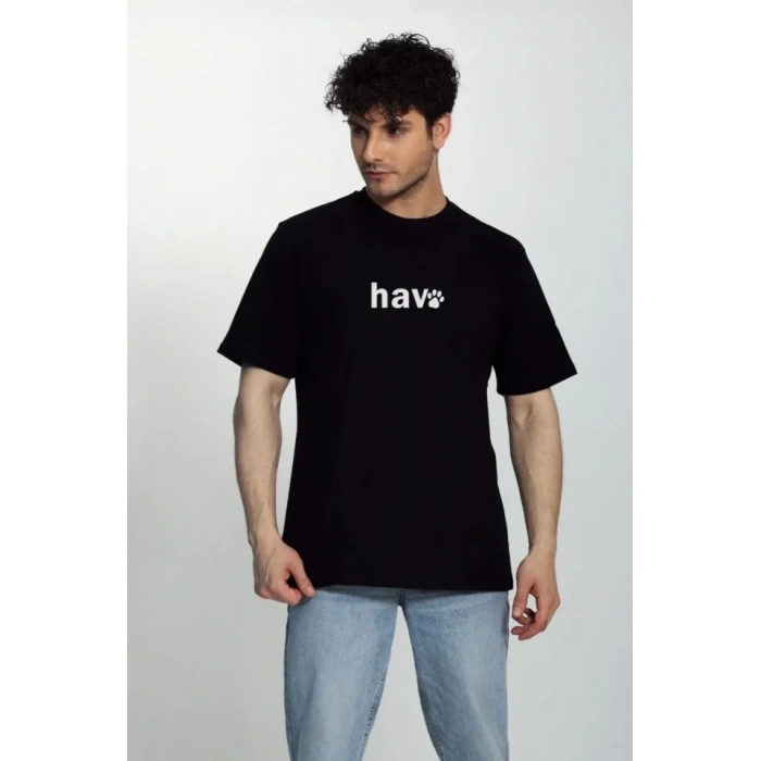 Erkek Bisiklet Yaka Kısa Kol Hav Baskılı Tshirt  iyah