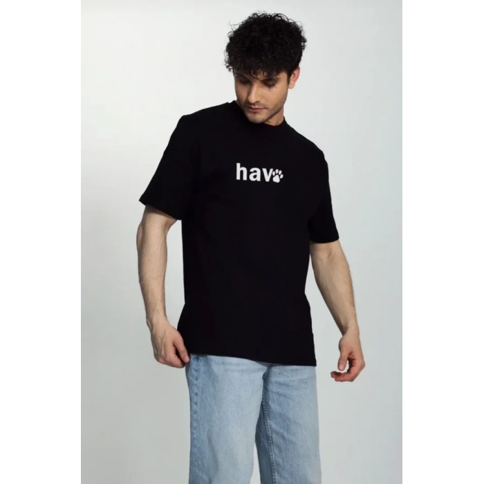 Erkek Bisiklet Yaka Kısa Kol Hav Baskılı Tshirt  iyah