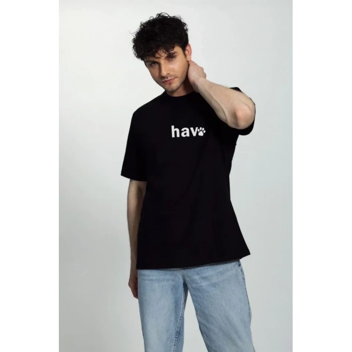 Erkek Bisiklet Yaka Kısa Kol Hav Baskılı Tshirt  iyah