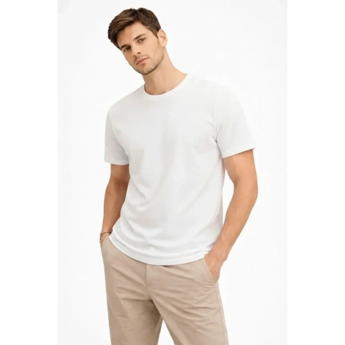 Erkek Bisiklet Yaka Tişört Regular Kalıp Basic Pamuklu Günlük Kullanım Tshirt  Beyaz