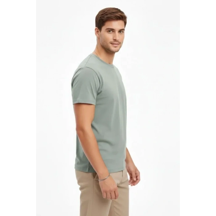 Erkek Bisiklet Yaka Tişört Regular Kalıp Basic Pamuklu Günlük Kullanım Tshirt  int Yeşili