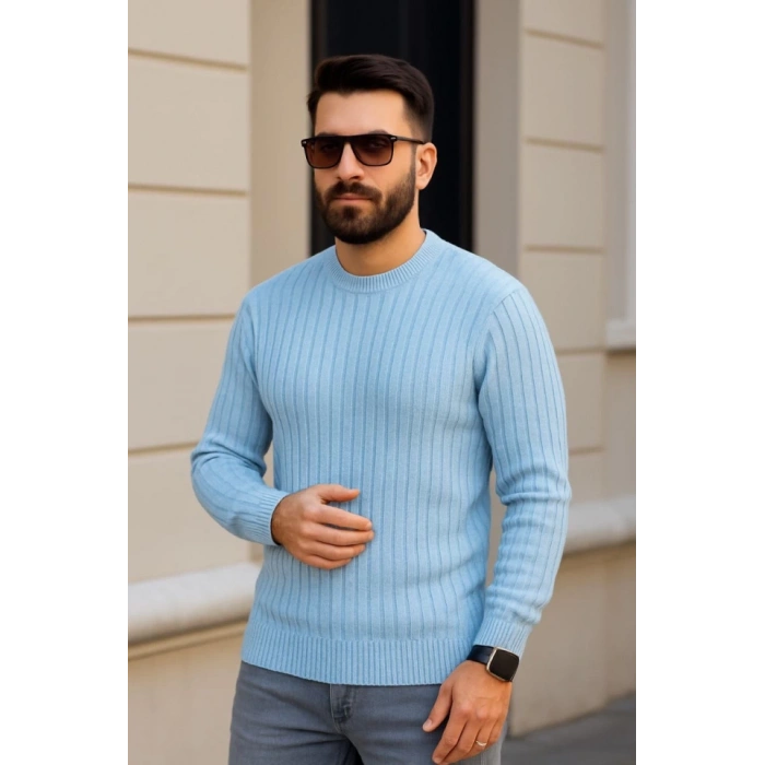 Erkek Bisiklet Yuvarlak Yaka Triko Kazak Pamuklu Kalın Fitilli Dokuma, Regular Fit Uzun Kollu Kışlık odel  Bebe avisi