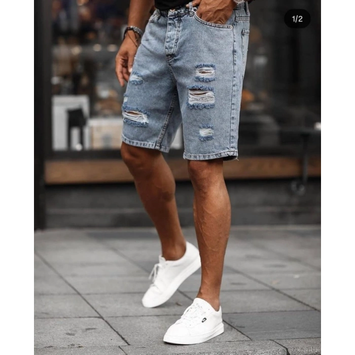 Erkek Buz Mavi Yırtık Detaylı Kot Şort