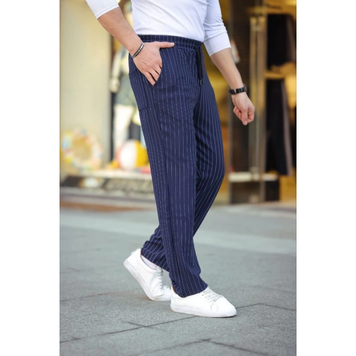 Erkek Cizgili Dokuma Krep Jogger Buggy Pantalon Rahat Kalıp  acivert