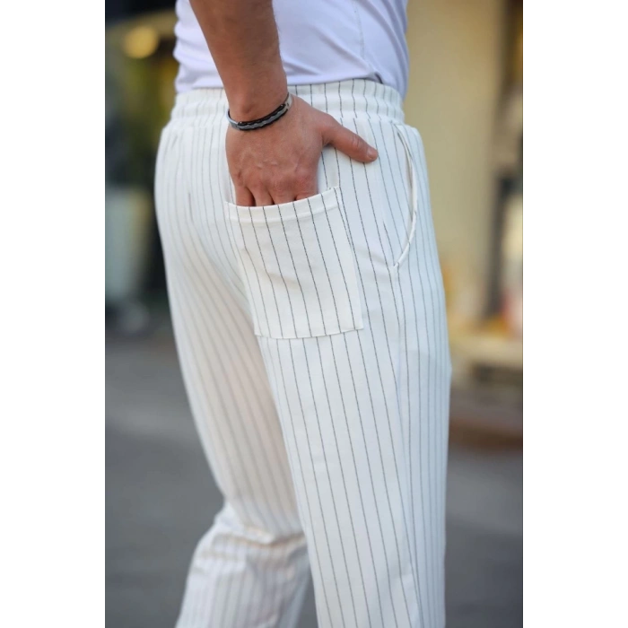Erkek Cizgili Dokuma Krep Jogger Buggy Pantalon Rahat Kalıp  Beyaz