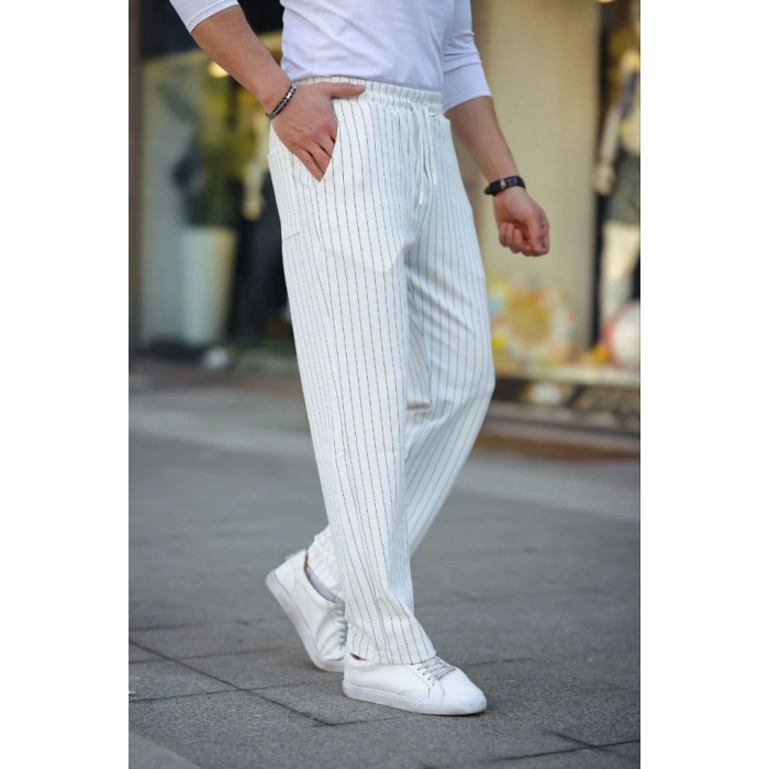 Erkek Cizgili Dokuma Krep Jogger Buggy Pantalon Rahat Kalıp  Beyaz
