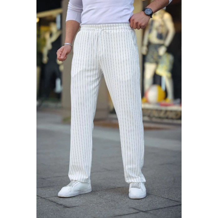 Erkek Cizgili Dokuma Krep Jogger Buggy Pantalon Rahat Kalıp  Beyaz