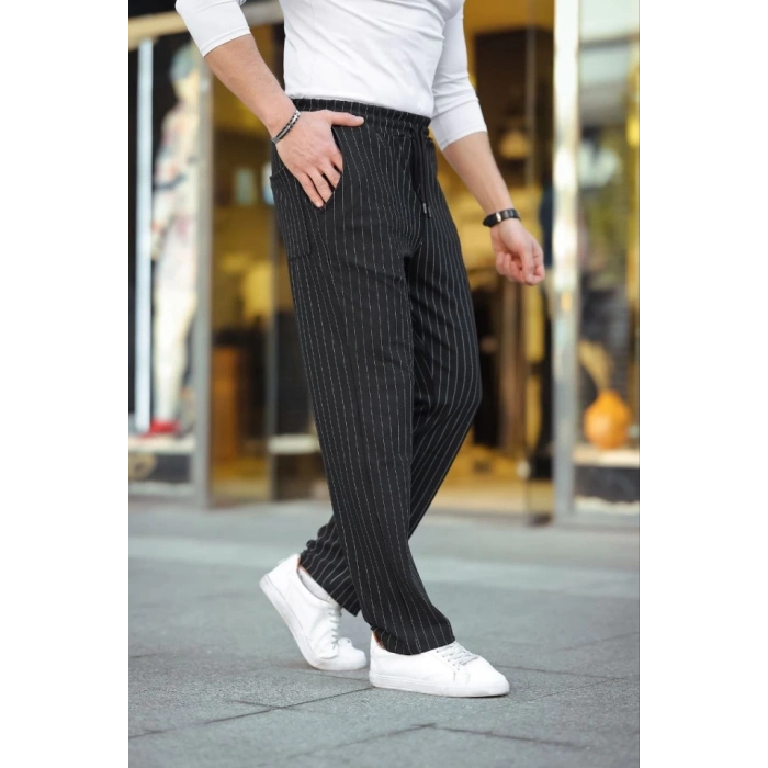 Erkek Cizgili Dokuma Krep Jogger Buggy Pantalon Rahat Kalıp  iyah