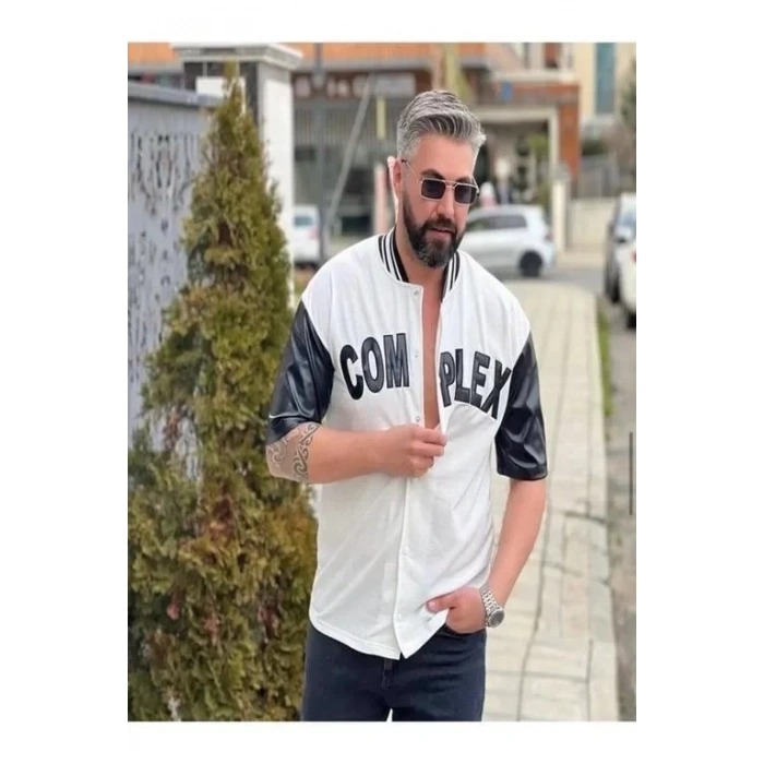 Erkek Complex Kolları Deri Kolej Oversize Thirt  Beyaz
