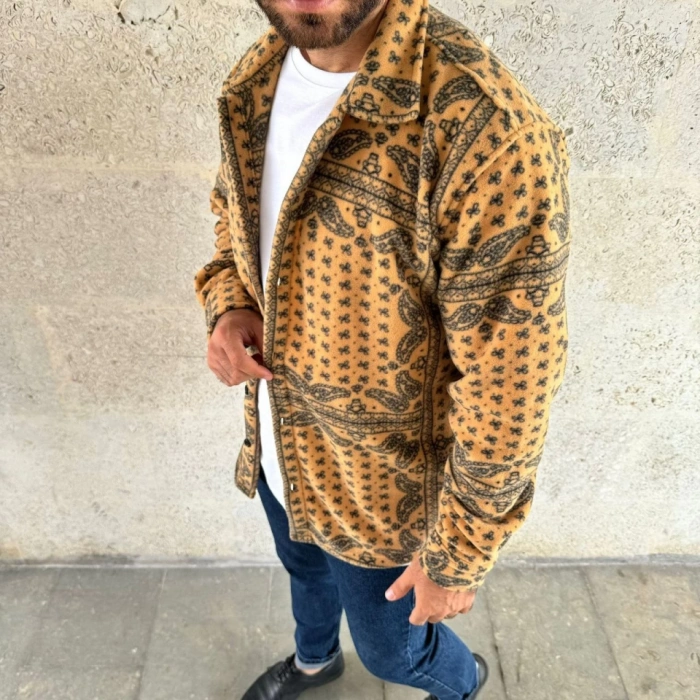 Erkek Desenli Düğmeli Polar Gömlek – Hardal Paisley Desen Yakalı, Uzun Kollu, Oversize Rahat Kalıp  arı